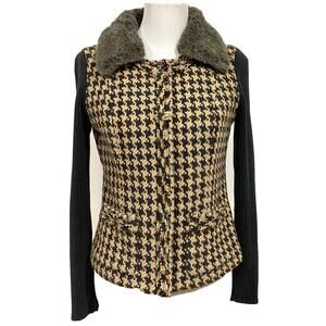 CABI Houndstooth Jacket Sweater Removable Faux Fur Collar Black Brown Women’s 4
